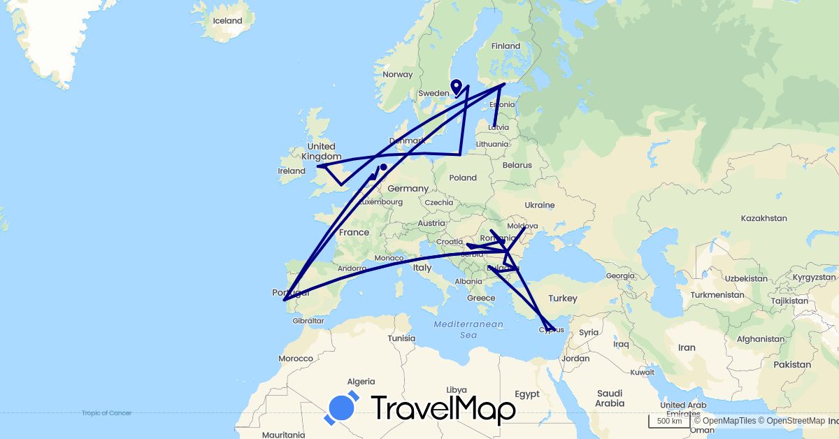 TravelMap itinerary: driving in Bulgaria, Cyprus, Estonia, Finland, United Kingdom, Latvia, Moldova, Netherlands, Poland, Portugal, Romania, Serbia, Sweden (Asia, Europe)
